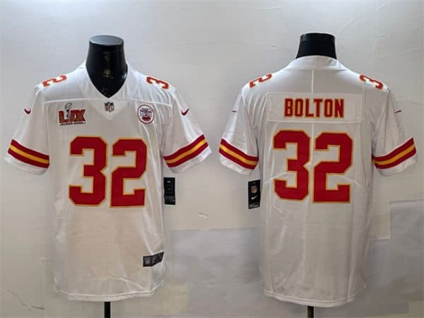 Kansas City Chiefs #32 Nick Bolton White 2025 Super Bowl LIX Patch Vapor Untouchable Limited Stitched Jersey