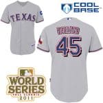 Rangers #45 Derek Holland Grey Cool Base 2011 World Series Patch Stitched Jersey
