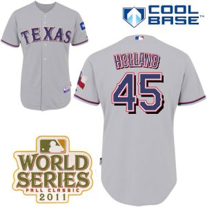 Rangers #45 Derek Holland Grey Cool Base 2011 World Series Patch Stitched Jersey