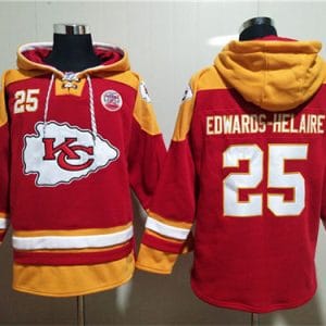 Kansas City Chiefs #25 Clyde Edwards-Helaire Red Lace-Up Pullover Hoodie
