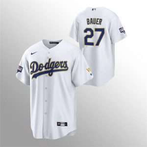Los Angeles Dodgers #27 Trevor Bauer White Gold Championship Cool Base Stitched Jersey