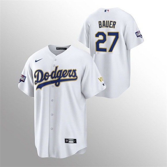 Los Angeles Dodgers #27 Trevor Bauer White Gold Championship Cool Base Stitched Jersey