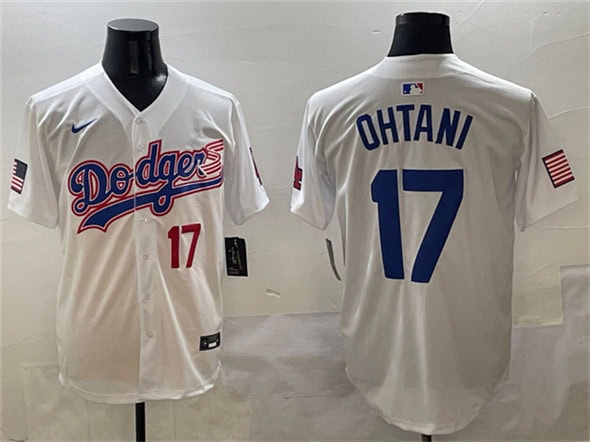 Los Angeles Dodgers #17 Shohei Ohtani White With American Flag Patch Limited Stitched Jersey