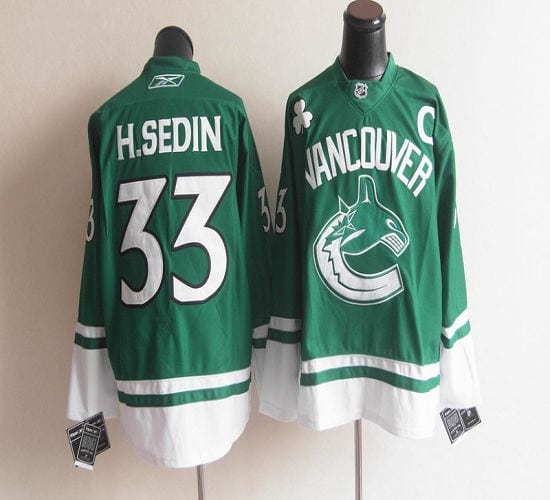 Canucks St Patty's Day #33 Henrik Sedin Green Stitched Jersey