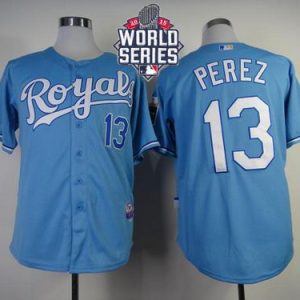 Royals #13 Salvador Perez Light Blue Cool Base W 2015 World Series Patch Stitched Jersey