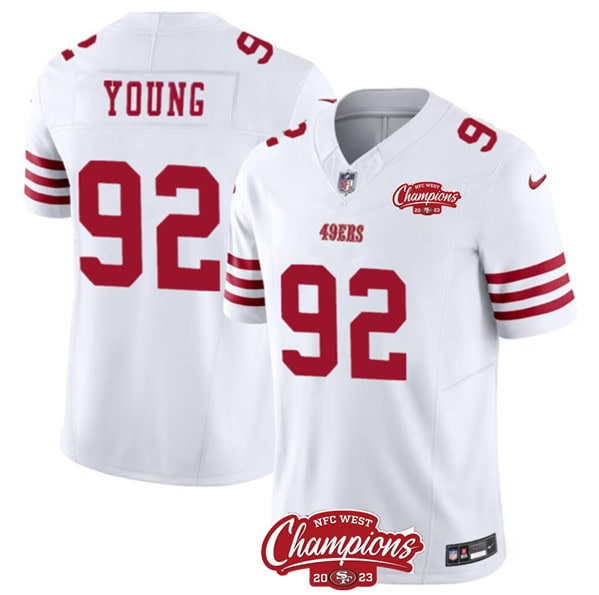 San Francisco 49ers #92 Chase Young White 2023 F.U.S.E. NFC West Champions Patch Stitched Jersey
