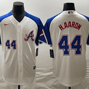 Atlanta Braves #44 Hank Aaron White 2023 City Connect Cool Base With Patch Stitched Jersey
