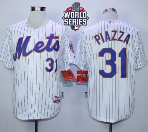 Mets #31 Mike Piazza White(Blue Strip) Home Cool Base W 2015 World Series Patch Stitched Jersey