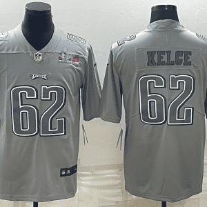 Philadelphia Eagles #62 Jason Kelce Gray Super Bowl LVII Patch Atmosphere Fashion Stitched Jersey