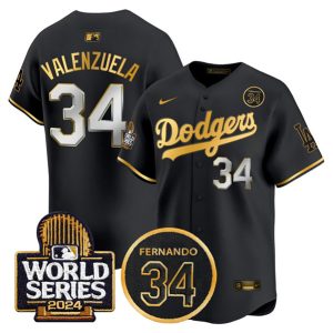Los Angeles Dodgers #34 Toro Valenzuela Black Gold 2024 World Series With Fernando Memorial Patch Limited Stitched Jersey