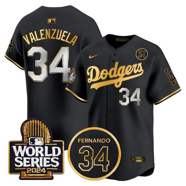 Los Angeles Dodgers #34 Toro Valenzuela Black Gold 2024 World Series With Fernando Memorial Patch Limited Stitched Jersey