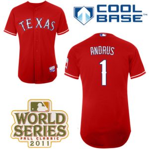 Rangers #1 Elvis Andrus Red Cool Base 2011 World Series Patch Stitched Jersey