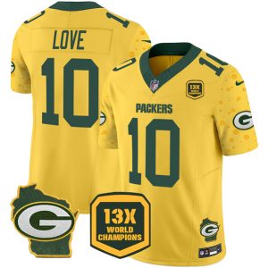 Green Bay Packers #10 Jordan Love Gold 2024 F.U.S.E. 13 Time World Champions And Home Patch Vapor Untouchable Limited Stitched Jersey