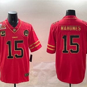 Kansas City Chiefs #15 Patrick Mahomes Red Gold 2025 Super Bowl LIX Patch And 4-Star C Patch Vapor Untouchable Limited Stitched Jersey