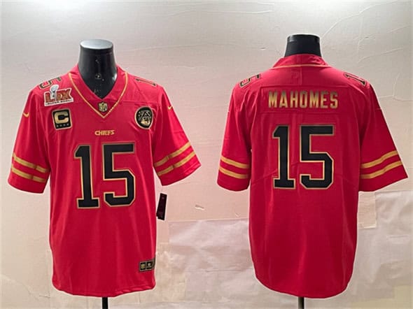 Kansas City Chiefs #15 Patrick Mahomes Red Gold 2025 Super Bowl LIX Patch And 4-Star C Patch Vapor Untouchable Limited Stitched Jersey