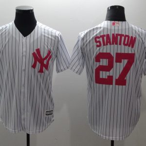 New York Yankees #27 Giancarlo Stanton White Pink Cool Base Stitched Jersey