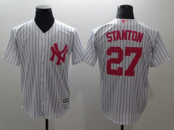 New York Yankees #27 Giancarlo Stanton White Pink Cool Base Stitched Jersey