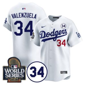 Los Angeles Dodgers #34 Toro Valenzuela White 2024 World Series With No. 34 Patch Limited Stitched Jersey
