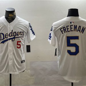 Los Angeles Dodgers #5 Freddie Freeman White Gold 2024 World Series With Fernando Memorial Patch Home Limited Stitched Jersey