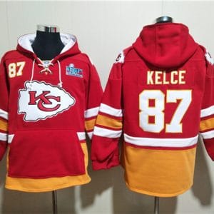 Kansas City Chiefs #87 Travis Kelce Red Super Bowl Lace-Up Pullover Hoodie