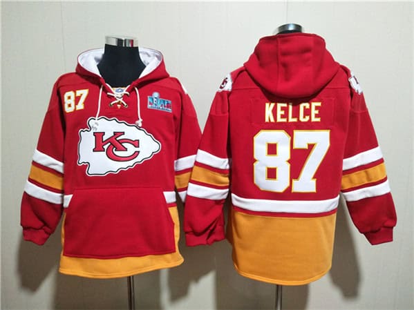 Kansas City Chiefs #87 Travis Kelce Red Super Bowl Lace-Up Pullover Hoodie