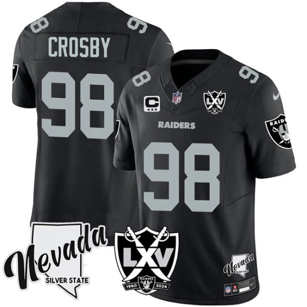 Las Vegas Raiders #98 Maxx Crosby Black 2024 F.U.S.E With Nevada Silver Stat Patch And 65th Anniversary Patch 3-Star C Patch Stitched Jersey