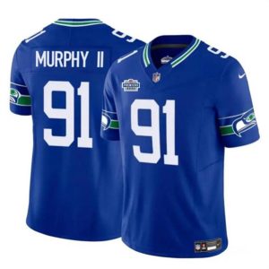 Seattle Seahawks #91 Byron Murphy II Royal 2024 With Dradt Patch F.U.S.E Throwback Vapor Limited Stitched Jersey