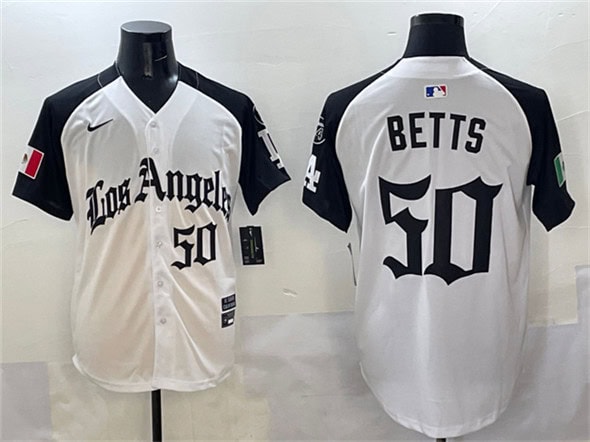 Los Angeles Dodgers #50 Mookie Betts White Black Mexico 2025 LA Gothic Style With Fernando Patch Vapor Premier Limited Stitched Jersey
