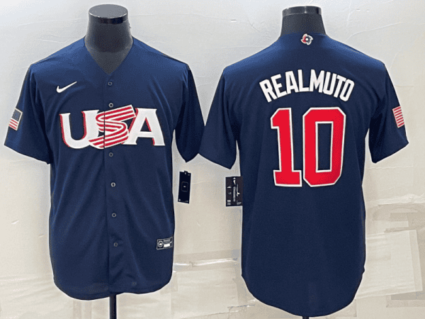 USA #10 J.T. Realmuto 2023 Navy World Classic Stitched Jersey