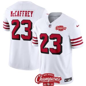 San Francisco 49ers #23 Christian McCaffrey White 2023 F.U.S.E. NFC West Champions Patch Alternate Stitched Jersey