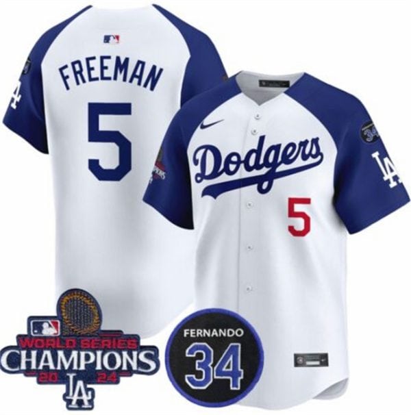 Los Angeles Dodgers #5 Freddie Freeman White Royal 2024 World Series Champions With Fernando Memorial Patch Limited Stitched Jersey