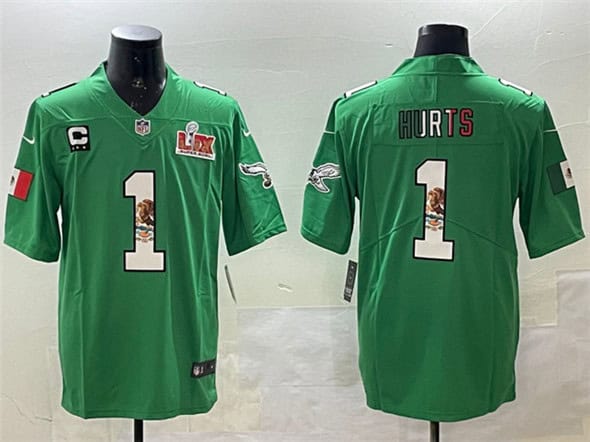 Philadelphia Eagles #1 Jalen Hurts Green Mexico 2025 Super Bowl LIX Patch And 3-Star C Patch Vapor Untouchable Limited Stitched Jersey