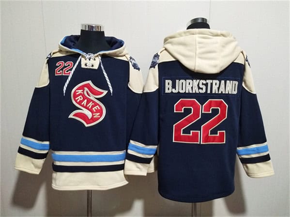 Seattle Kraken #22 Oliver Bjorkstrand Deep Sea Blue Lace-Up Pullover Hoodie