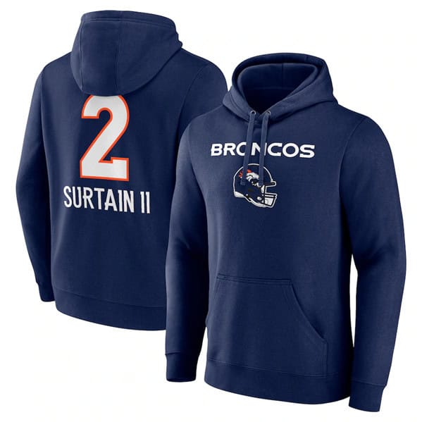 Denver Broncos #2 Pat Surtain II Navy Team Wordmark Name Number Pullover Hoodie
