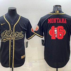 San Francisco 49ers #16 Joe Montana Black Gold Team Big Logo With Patch Cool Base Stitched Baseball Jersey