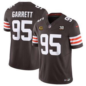 Cleveland Browns #95 Myles Garrett Brown 2023 F.U.S.E. With 4-Star C Patch And Jim Brown Memorial Patch Vapor Untouchable Limited Stitched Jersey