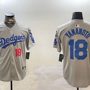Los Angeles Dodgers #18 Yoshinobu Yamamoto Gray 2024 World Series With Fernando Memorial Patch Limited Stitched Jersey
