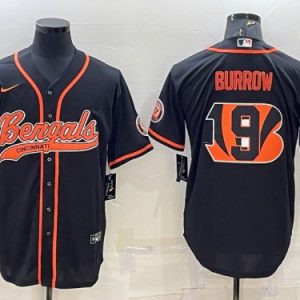 Cincinnati Bengals #9 Joe Burrow Black Team Big Logo With Patch Cool Base Stitched Baseball Jersey