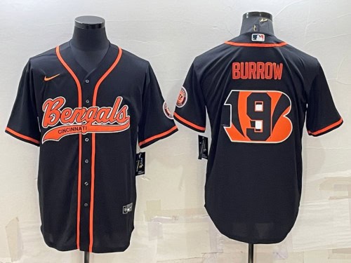 Cincinnati Bengals #9 Joe Burrow Black Team Big Logo With Patch Cool Base Stitched Baseball Jersey