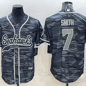 Seattle Seahawks #7 Geno Smith Grey Camo With Patch Cool Base Stitched Baseball Jersey