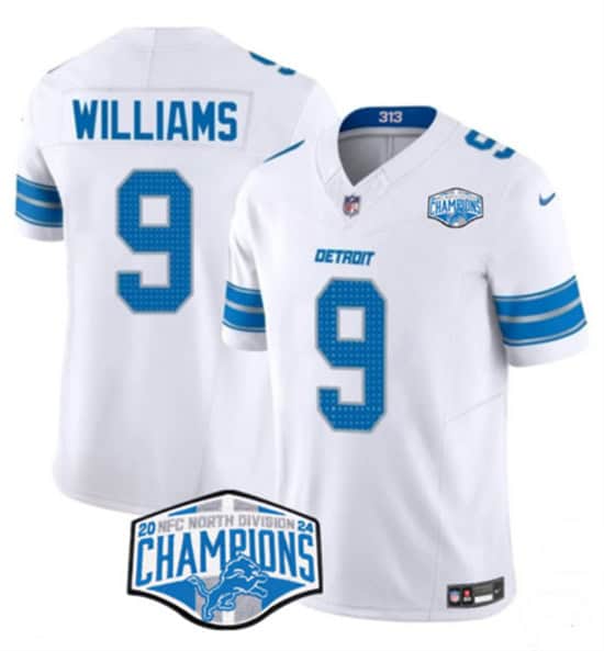 Detroit Lions #9 Jameson Williams White 2024 NFC North Champions F.U.S.E. Vapor Limited Stitched Jersey