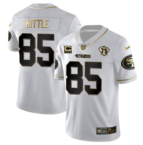 San Francisco 49ers #85 George Kittle White Gold 75th Anniversary With C Patch Stitched Jersey
