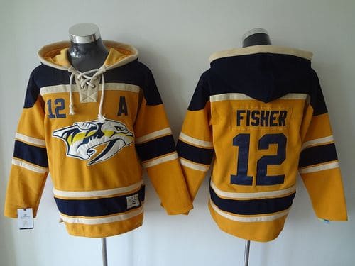 Predators #12 Mike Fisher Yellow Sawyer Hooded Sweatshirt Stitched Jersey
