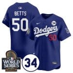 Los Angeles Dodgers #50 Mookie Betts Royal 2024 World Series With No. 34 Patch Cool Base Stitched Jersey