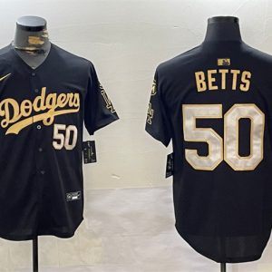 Los Angeles Dodgers #50 Mookie Betts Black Gold 2024 World Series With Fernando Memorial Patch Limited Stitched Jersey