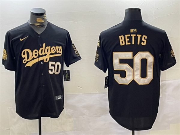 Los Angeles Dodgers #50 Mookie Betts Black Gold 2024 World Series With Fernando Memorial Patch Limited Stitched Jersey