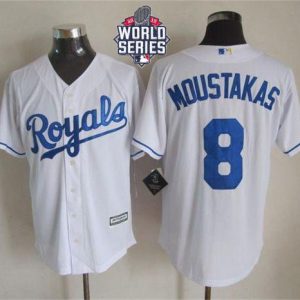Royals #8 Mike Moustakas White New Cool Base W 2015 World Series Patch Stitched Jersey