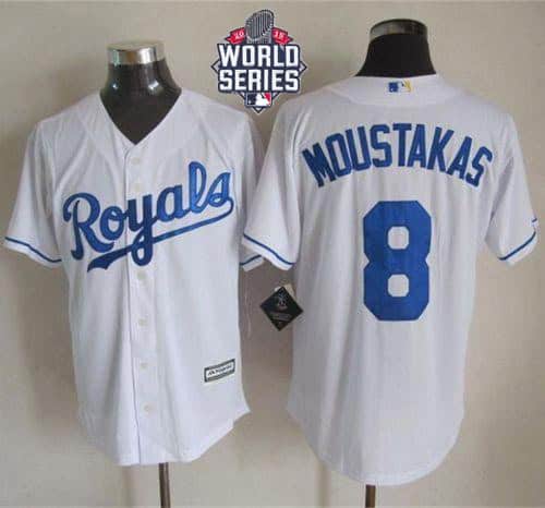 Royals #8 Mike Moustakas White New Cool Base W 2015 World Series Patch Stitched Jersey