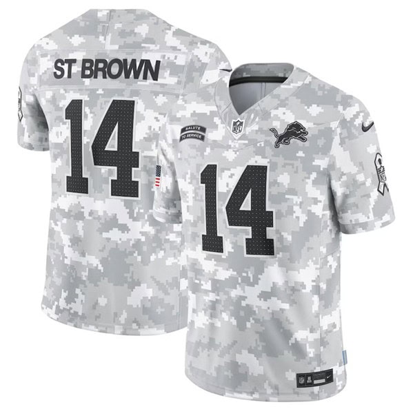 Detroit Lions #14 Amon-Ra St. Brown Arctic Camo 2024 F.U.S.E. Salute To Service Limited Stitched Jersey