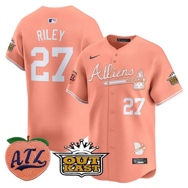 Atlanta Braves #27 Austin Riley Peach 2024 Atliens Peach With Outkast Patch Vapor Limited Stitched Jersey